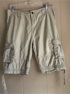 Men’s Khaki Cargo Shorts Size 32 Beige 100% Cotton Drawstring Hem Gorpcore